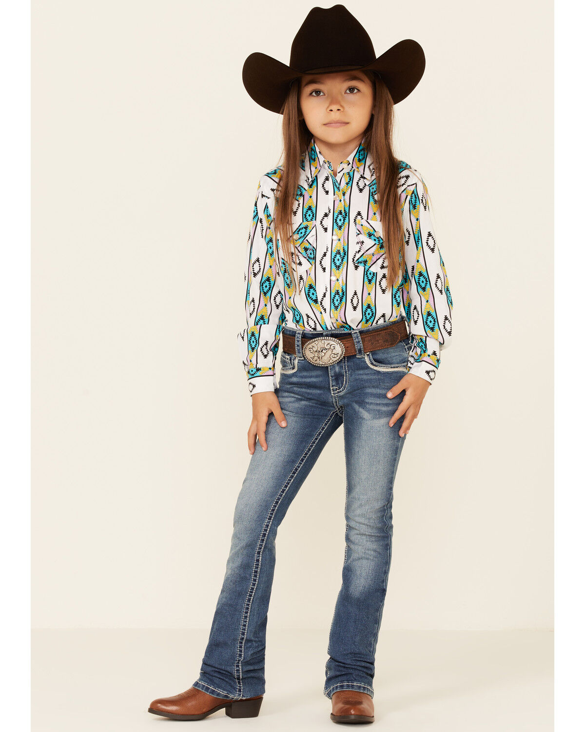 Image #1 - Shyanne Little Girls' Medium Wash Embroidered Scoop Pocket Bootcut Jeans, Blue, hi-res