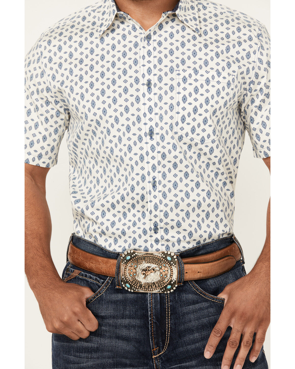 Image #3 - Cody James Men's Tusk Southwestern Geo Print Short Sleeve Button-Down Stretch Western Shirt, Ivory, hi-res