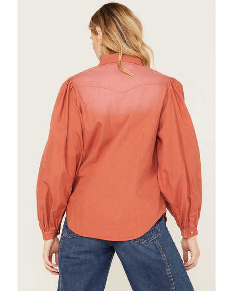 Image #3 - Panhandle Women's Ombre Puff Long Sleeve Snap Western Shirt, Coral, hi-res