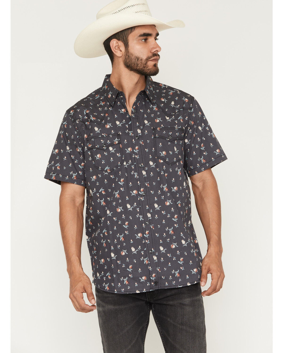 Image #1 - Moonshine Spirit&reg; Men's Mardi Gras Floral Print Short Sleeve Snap Western Shirt, Black, hi-res