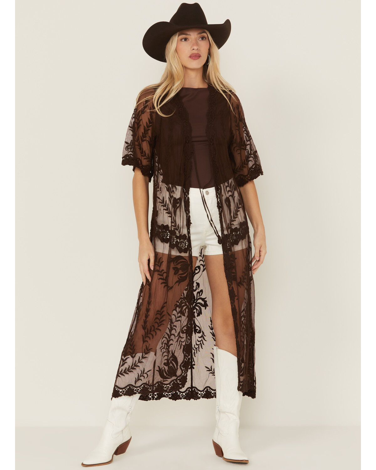 Image #1 - Shyanne Women's Embroidered Mesh Kimono, Dark Brown, hi-res