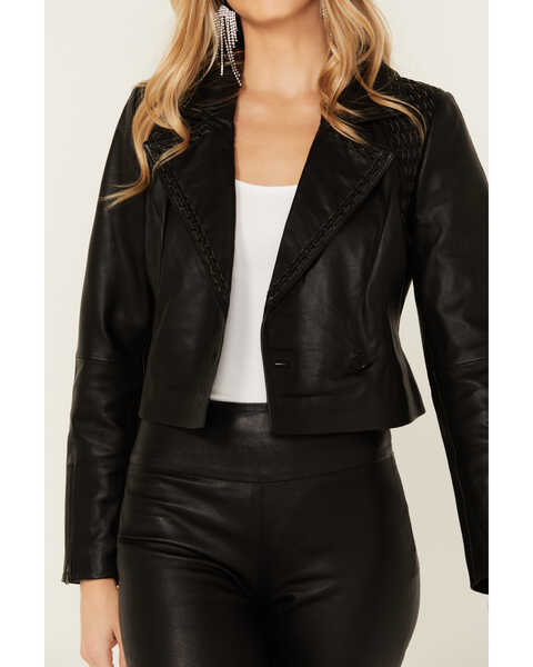 Image #3 - Wonderwest Women's Chain and Braid Cropped Leather Jacket , Black, hi-res
