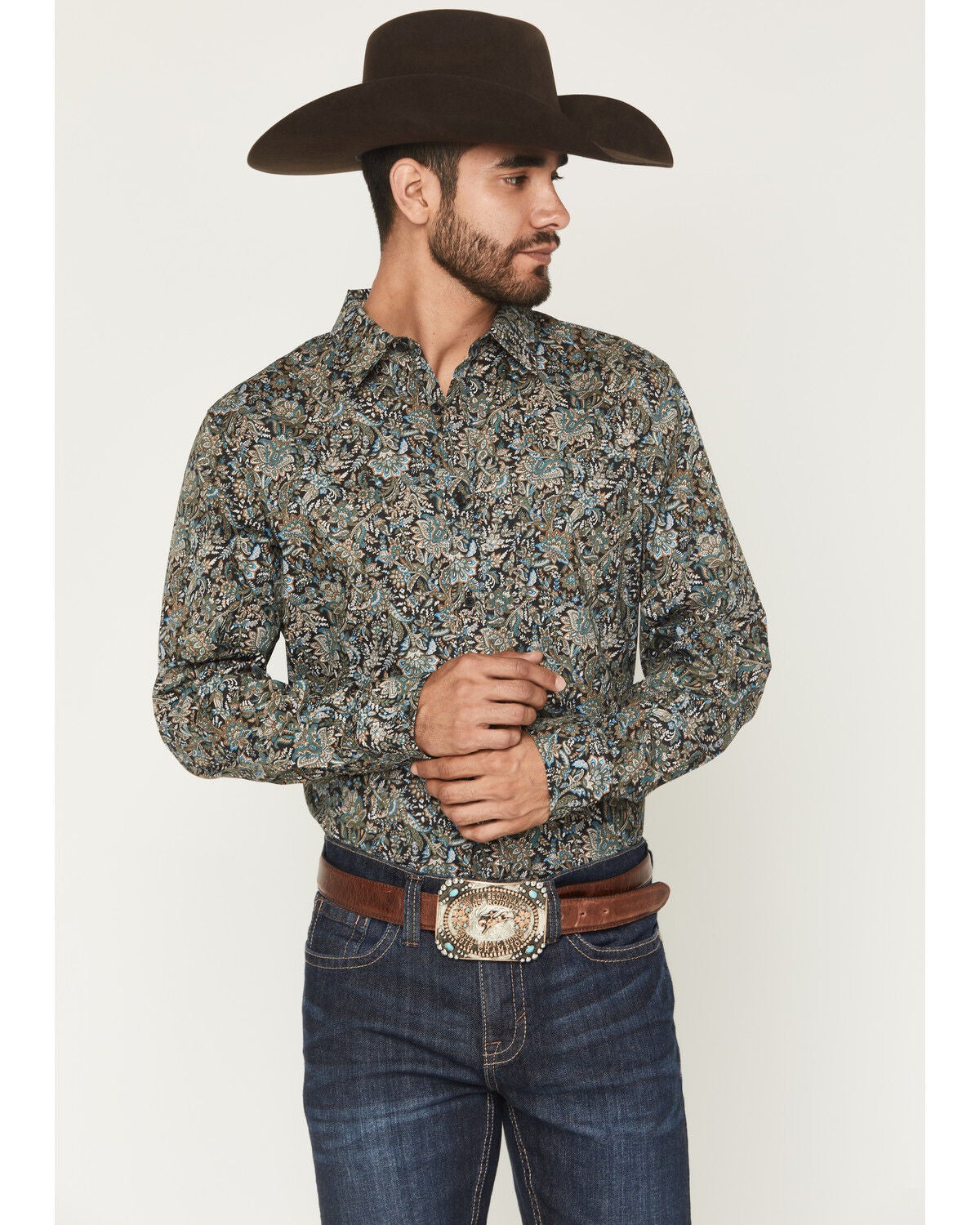 Gibson Trading Co Men's Last Call Paisley Print Long Sleeve Butt-Down Western Shirt, Black, hi-res
