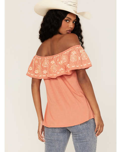Panhandle Women's Embroidered Flounce Off Shoulder Top, Orange, hi-res