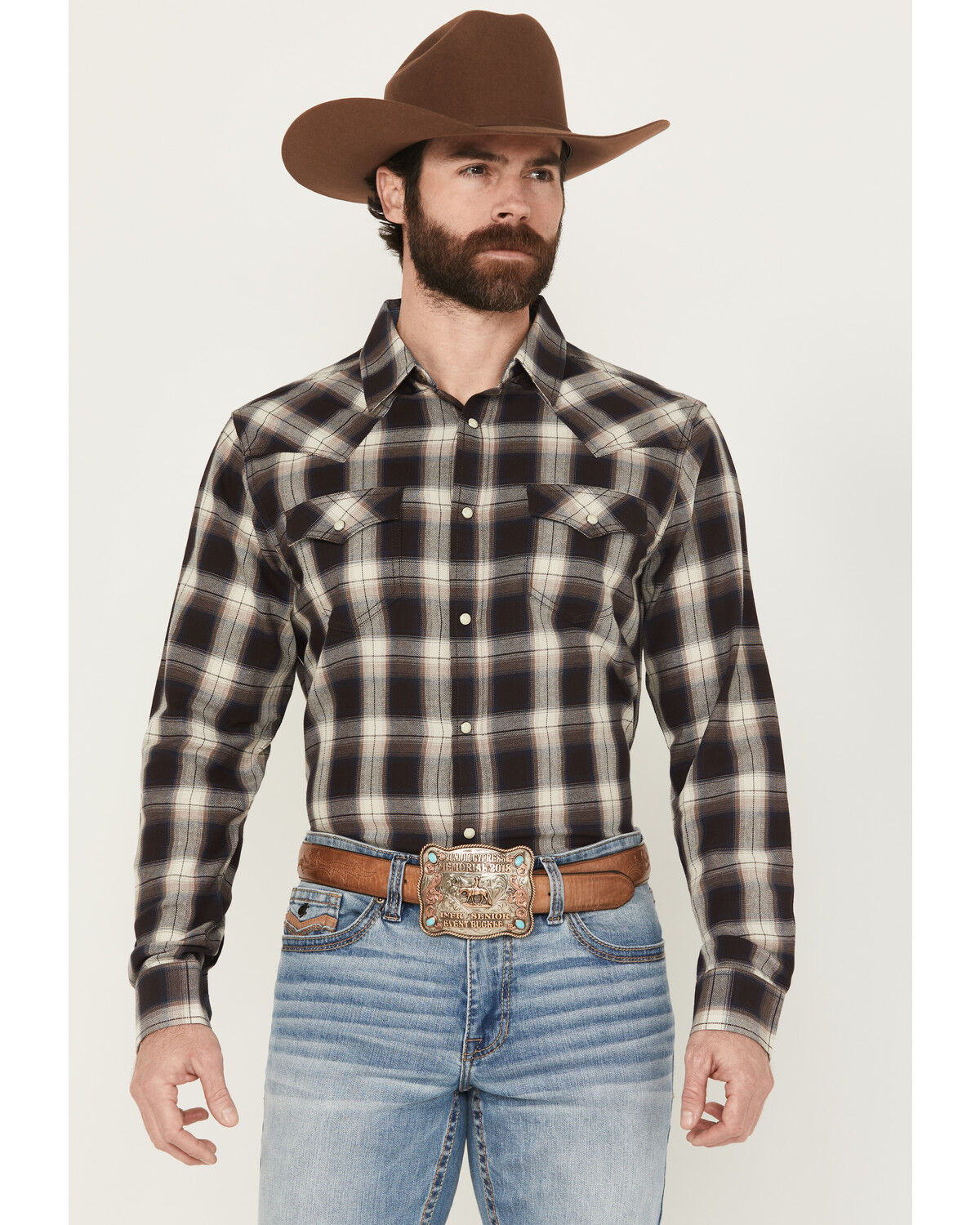 Image #1 - Cody James Men's Cowboy Code Plaid Print Long Sleeve Snap Western Shirt, Brown, hi-res