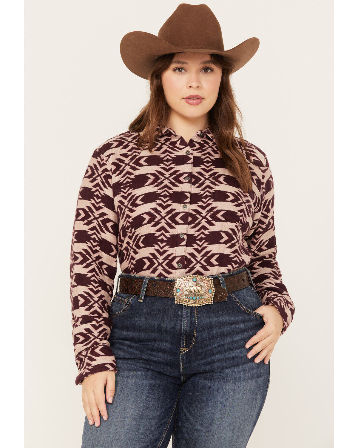Image #1 - Ariat Women's Billie Jean Southwestern Jacquard Print Long Sleeve Button-Down Shirt - Plus, Purple, hi-res