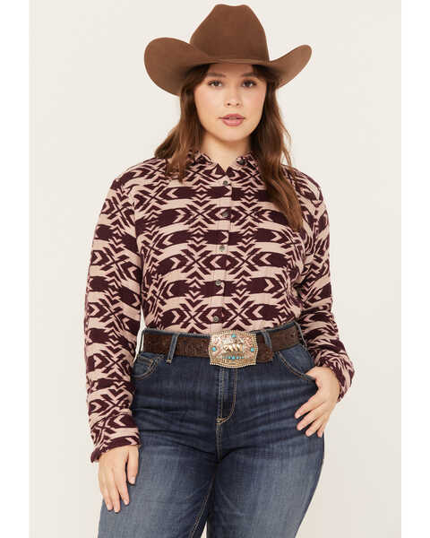 Image #1 - Ariat Women's R.E.A.L. Billie Jean Southwestern Jacquard Print Long Sleeve Button-Down Shirt - Plus, Purple, hi-res