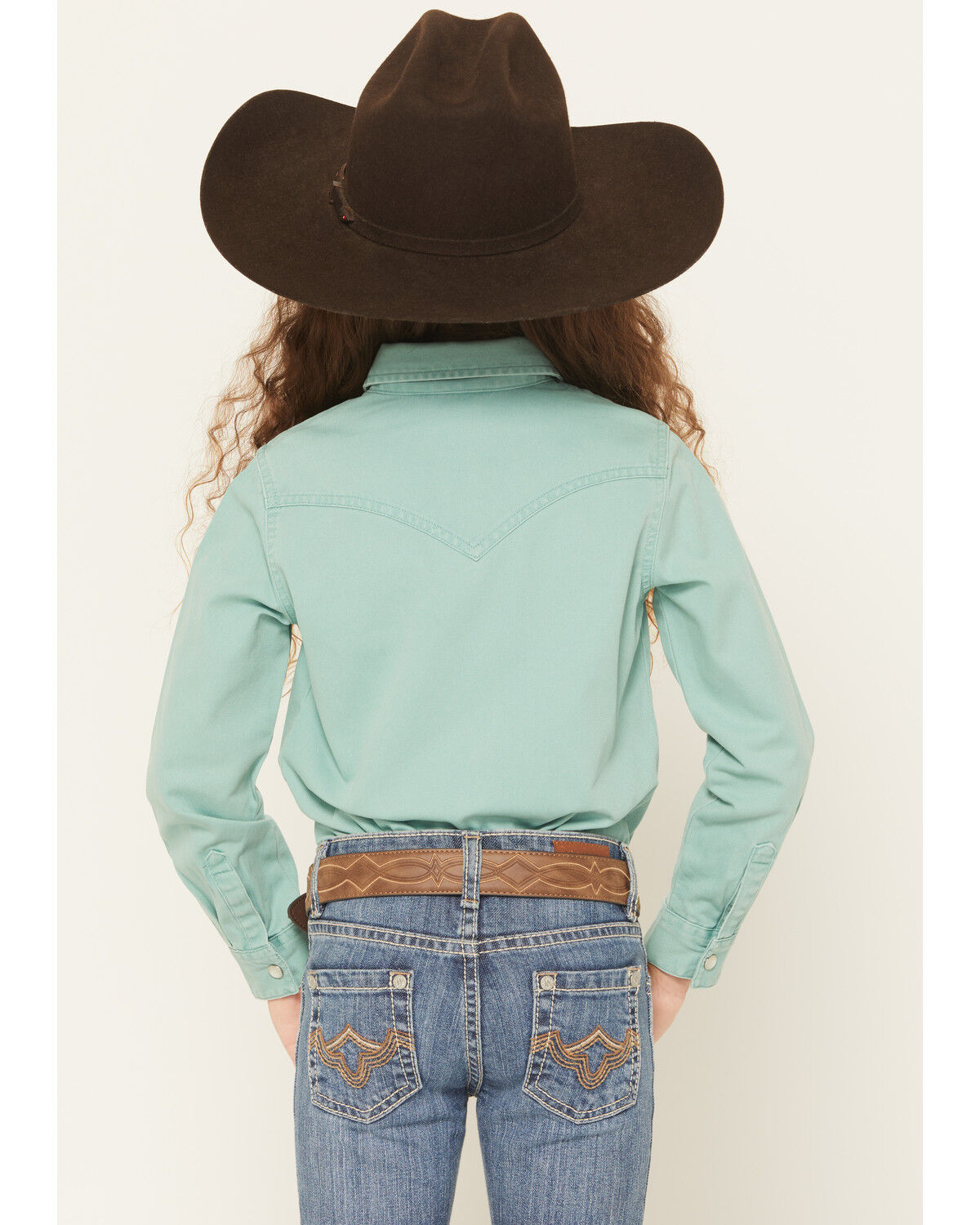 Image #4 - Wrangler Girls' Solid Long Sleeve Snap Western Shirt, Teal, hi-res