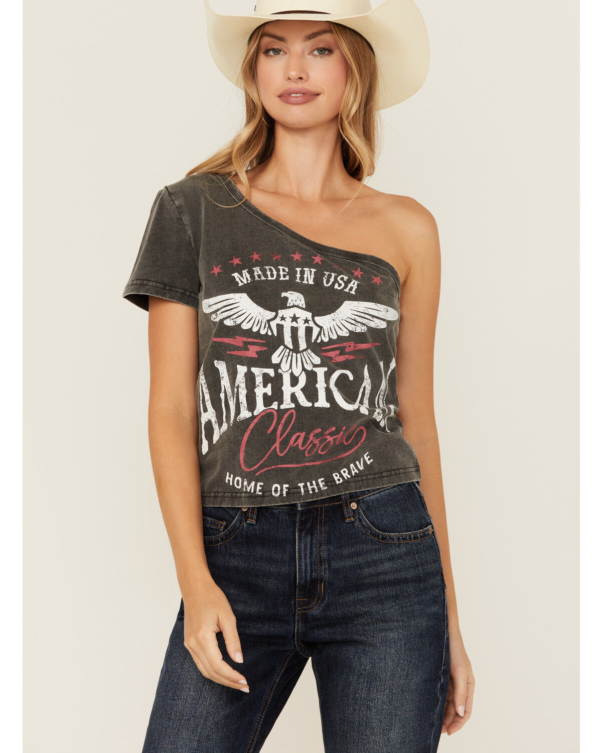 Image #1 - Youth in Revolt Women's Americana One Shoulder Tee, Black, hi-res