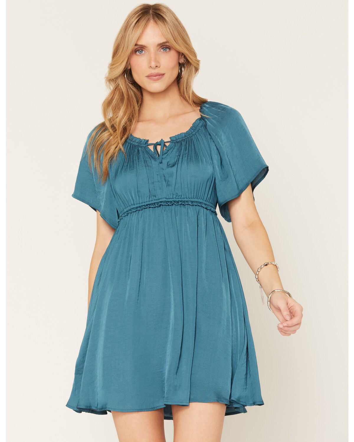 Shyanne Women's Hailey Satin Flounce Short Sleeve Mini Dress, Teal, hi-res