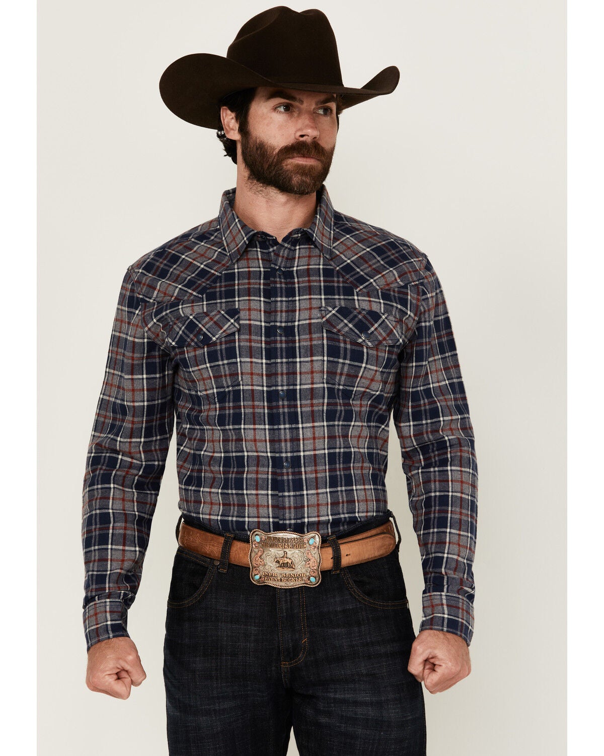 Cody James Men's Poker Plaid Print Long Sleeve Snap Western Shirt, Navy, hi-res