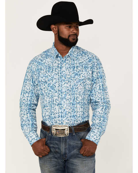 Wrangler Retro Men's Paisley Plaid Print Long Sleeve Snap Western Shirt , Blue, hi-res