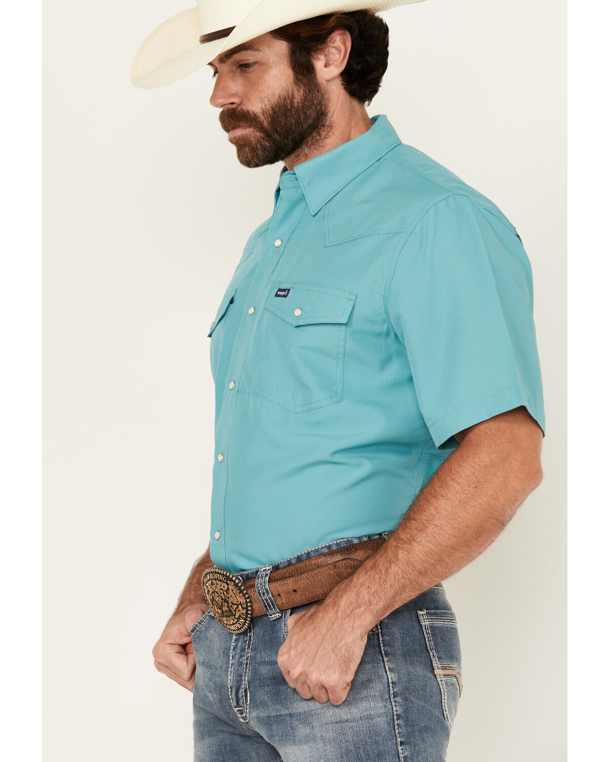 Image #2 - Wrangler Men's Solid Short Sleeve Snap Performance Western Shirt, Turquoise, hi-res