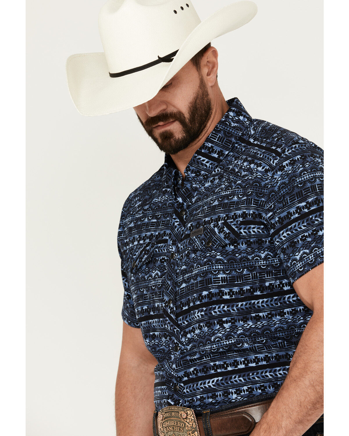 Image #2 - Rock & Roll Denim Men's Southwestern Print Short Sleeve Pearl Snap Performance Western Shirt, Dark Blue, hi-res