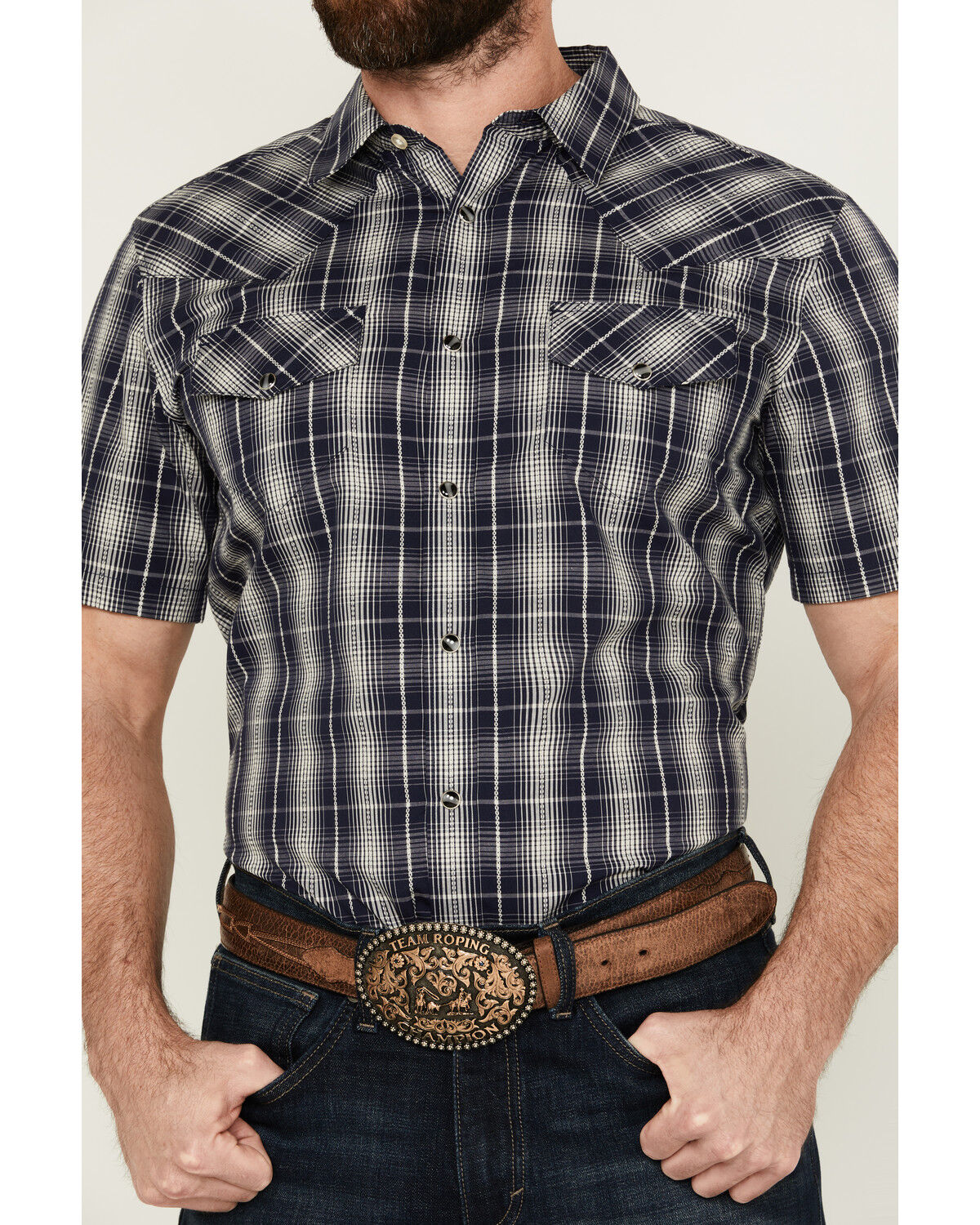 Image #3 - Gibson Men's Chain Link Plaid Print Short Sleeve Snap Western Shirt, Navy, hi-res