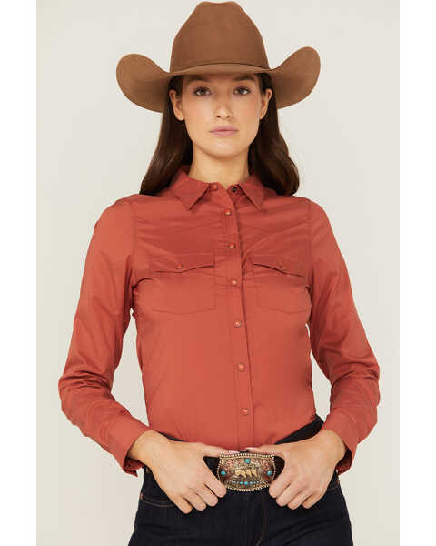 RANK 45 Women's Vented Performance Outdoor Long Sleeve Snap Western Shirt, Brick Red, hi-res