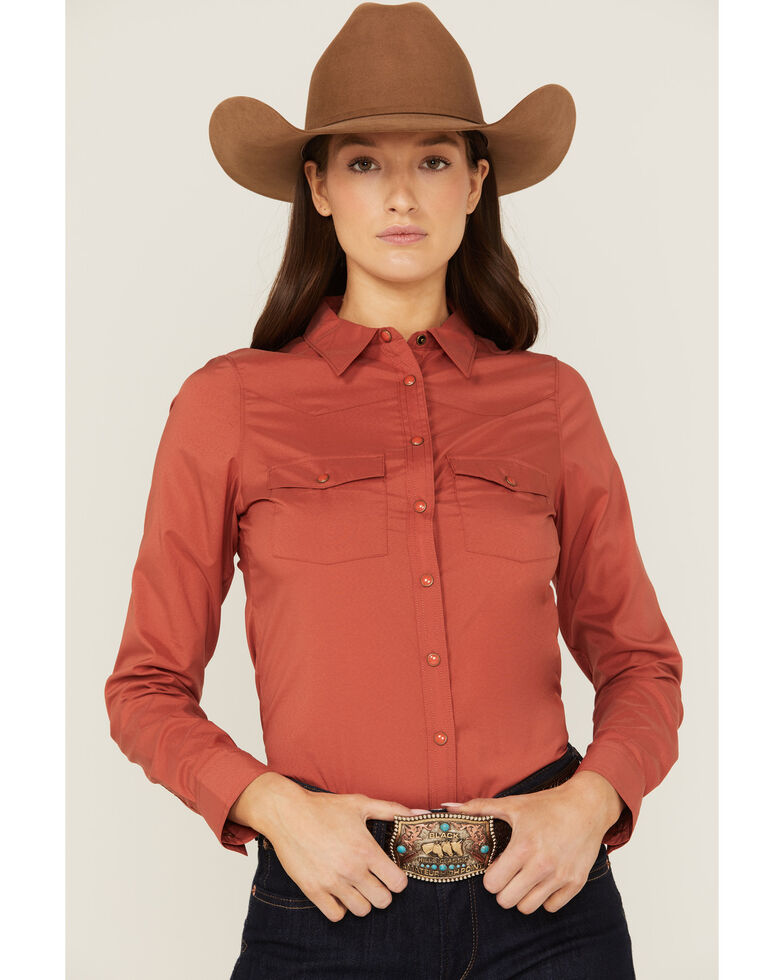 Rank 45 Women's Vented Performance Outdoor Long Sleeve Snap Western Shirt, Brick Red, hi-res