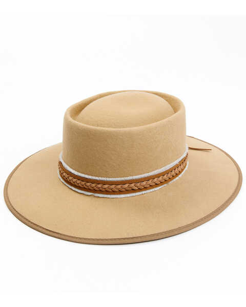 Shyanne Women's Wool Felt Braided Faux Leather Ribbon Western Hat, Tan, hi-res