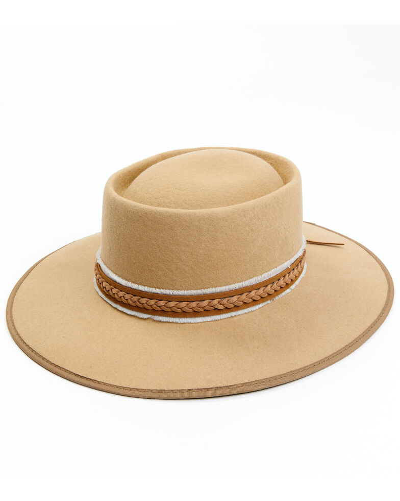 Shyanne Women's Wool Felt Braided Faux Leather Ribbon Western Hat, Tan, hi-res