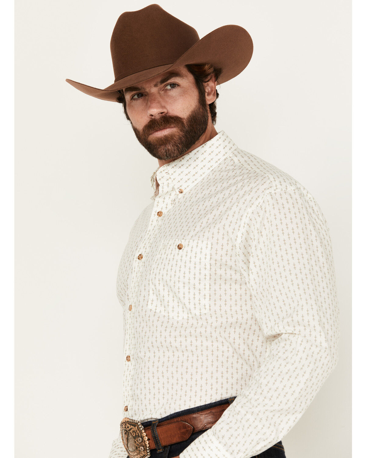 Image #2 - Wrangler Men's Classics Geo Print Long Sleeve Button-Down Western Shirt, White, hi-res