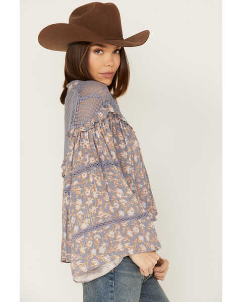 Image #2 - Jen's Pirate Booty Women's Floral Print Long Sleeve Ruffle Wildflower Justice Top, Blue, hi-res