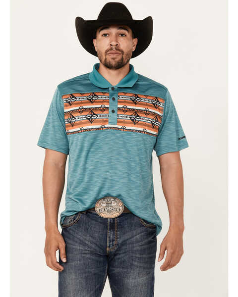 Image #1 - RANK 45® Men's Jacinto Southwestern Border Striped Short Sleeve Polo Shirt , Teal, hi-res