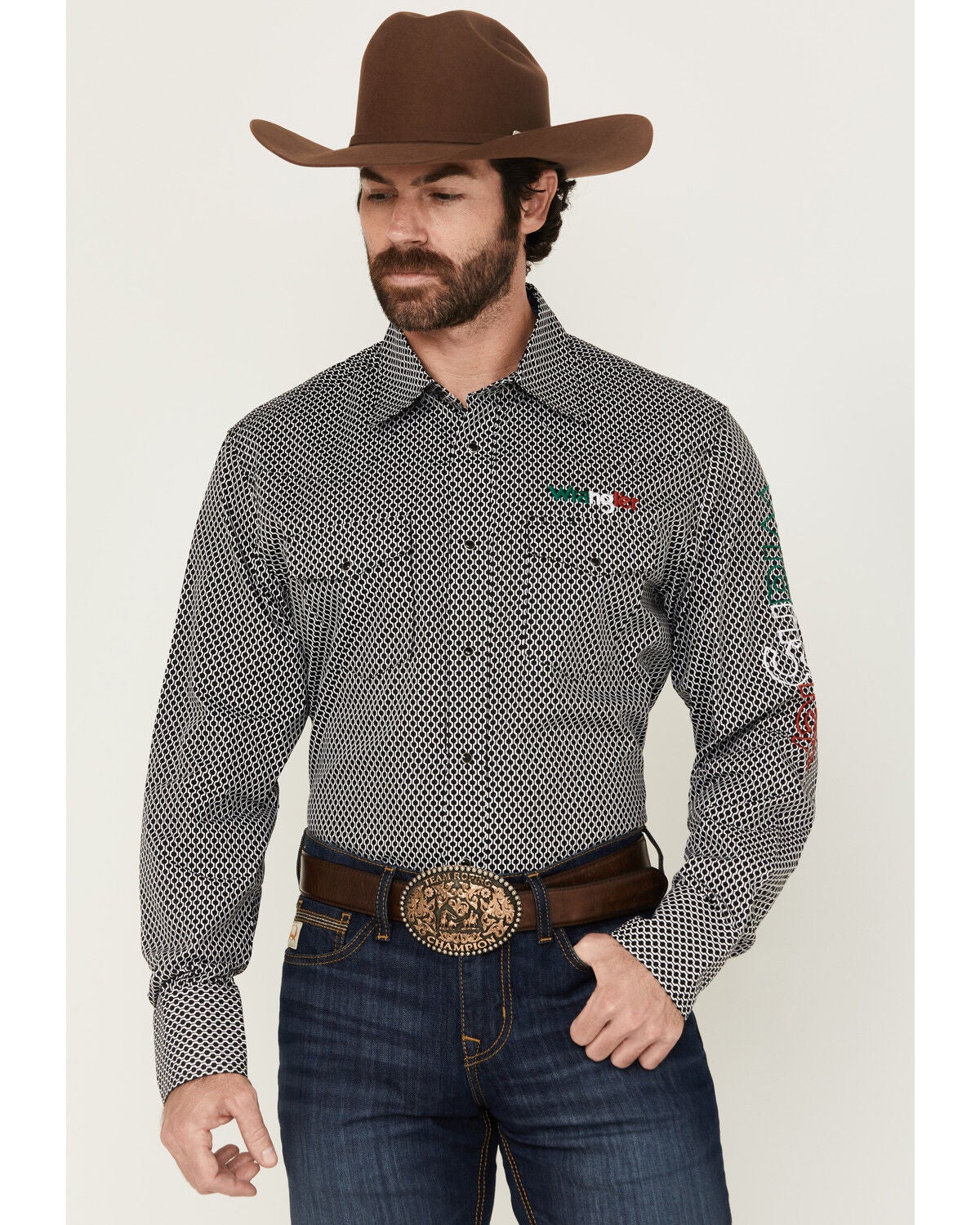 Image #1 - Wrangler Men's Mexico Logo Embroidered Geo Print Long Sleeve Snap Western Shirt - Tall, Black, hi-res