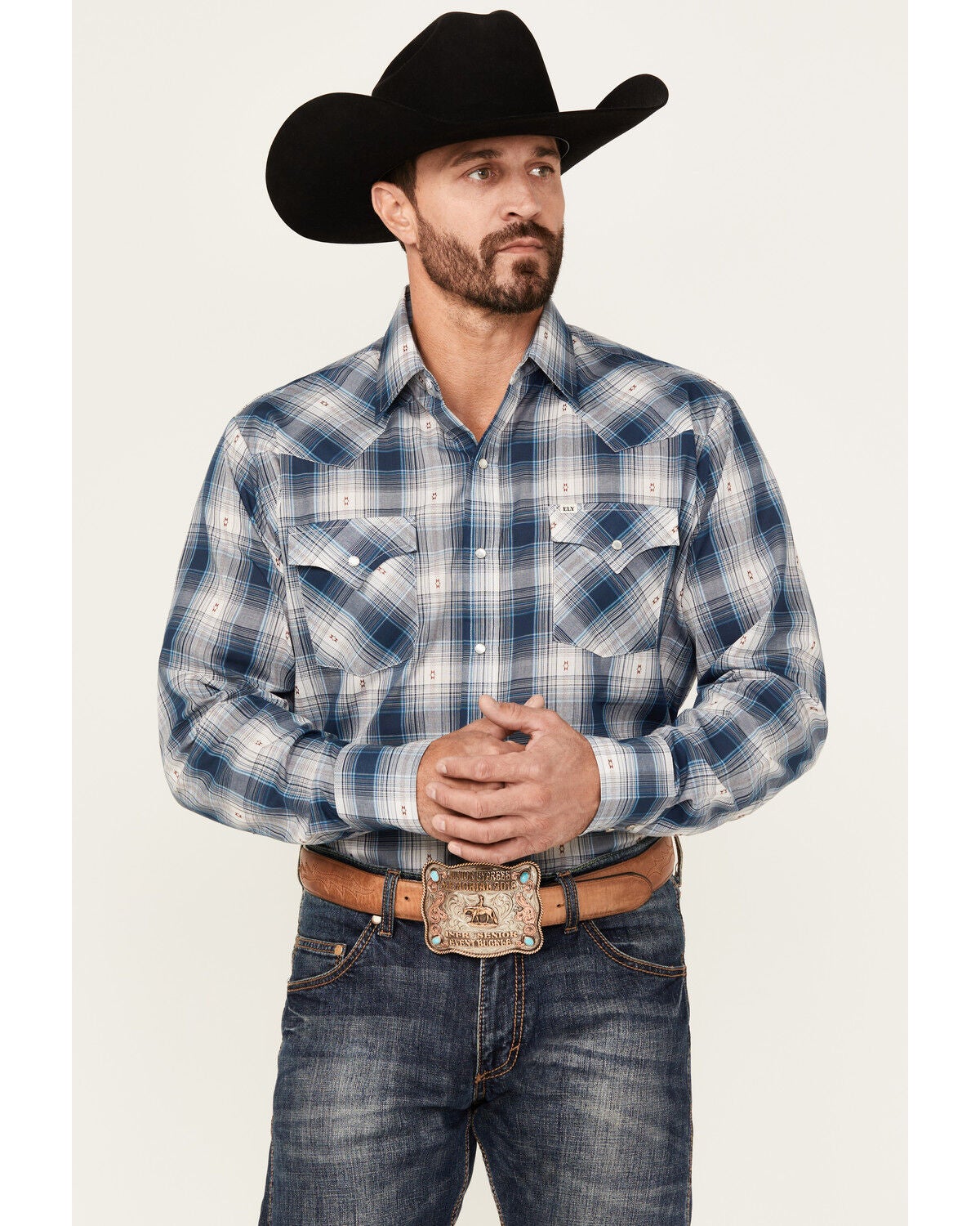 Ely Walker Men's Plaid Print Long Sleeve Pearl Snap Western Shirt, Navy, hi-res