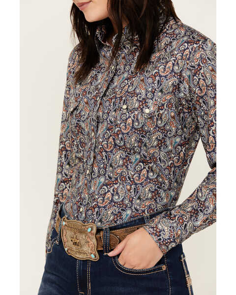 Image #3 - Rough Stock by Panhandle Women's Paisley Print Long Sleeve Snap Stretch Western Shirt , Navy, hi-res