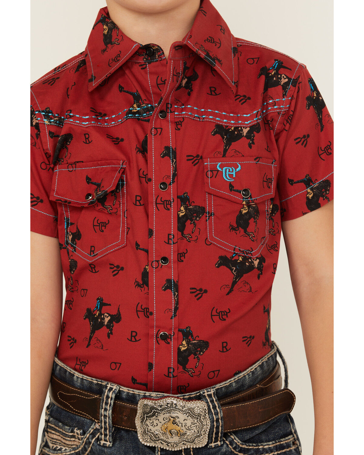 Image #3 - Cowboy Hardware Boys' Bronc Print Short Sleeve Snap Stretch Western Shirt, Brown, hi-res