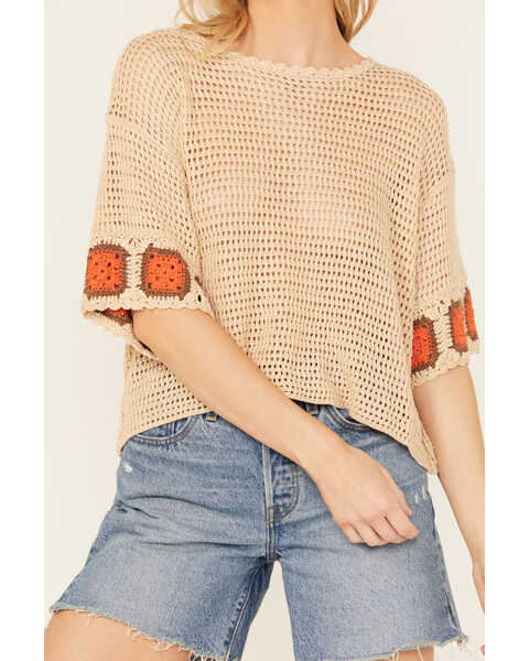 Image #3 - Revel Women's Oversized Short Sleeve Crochet Shirt , Tan, hi-res