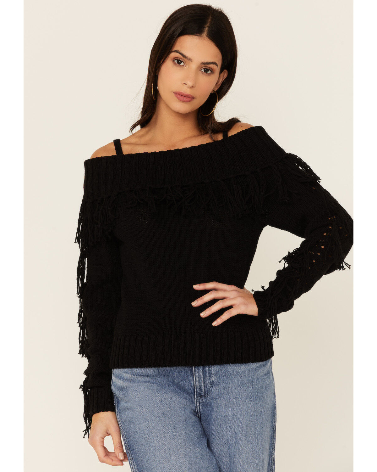 Image #2 - Shyanne Women's Black Off-Shoulder Fringe Long Sleeve Knit Sweater, , hi-res