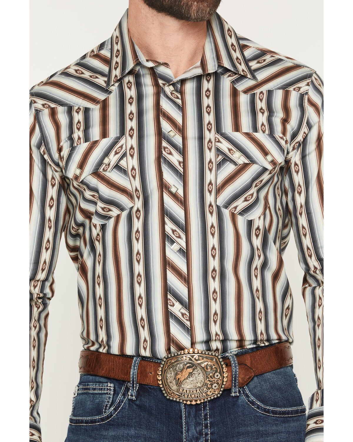 Image #3 - Rock & Roll Denim Men's Dale Brisby Southwestern Stripe Print Long Sleeve Snap Stretch Western Shirt, Dark Brown, hi-res