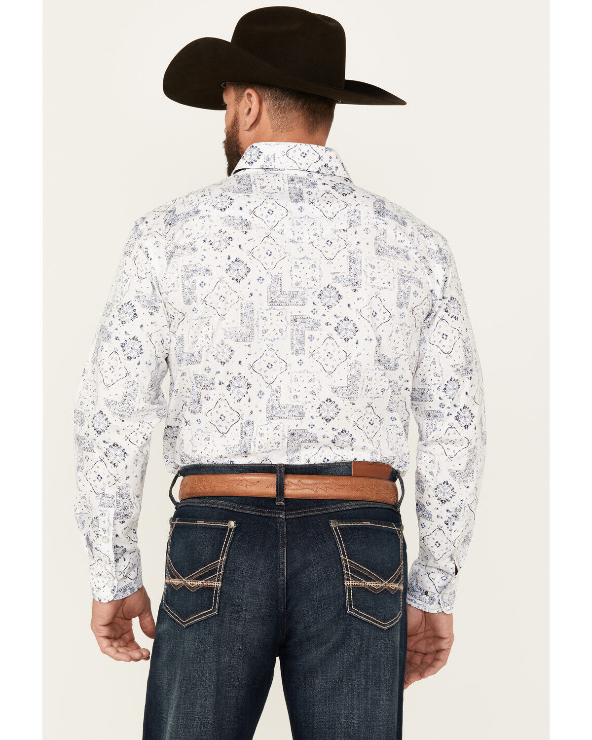 Image #4 - Rough Stock by Panhandle Men's Bandana Print Long Sleeve Pearl Snap Western Shirt, White, hi-res
