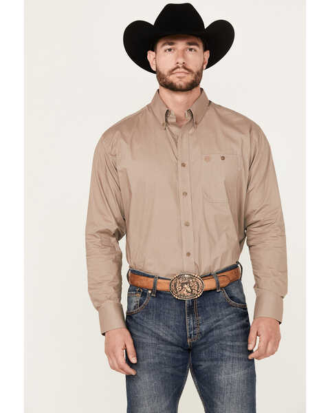 George Strait by Wrangler Men's Long Sleeve Button-Down Western Performance Shirt - Tall , Tan, hi-res