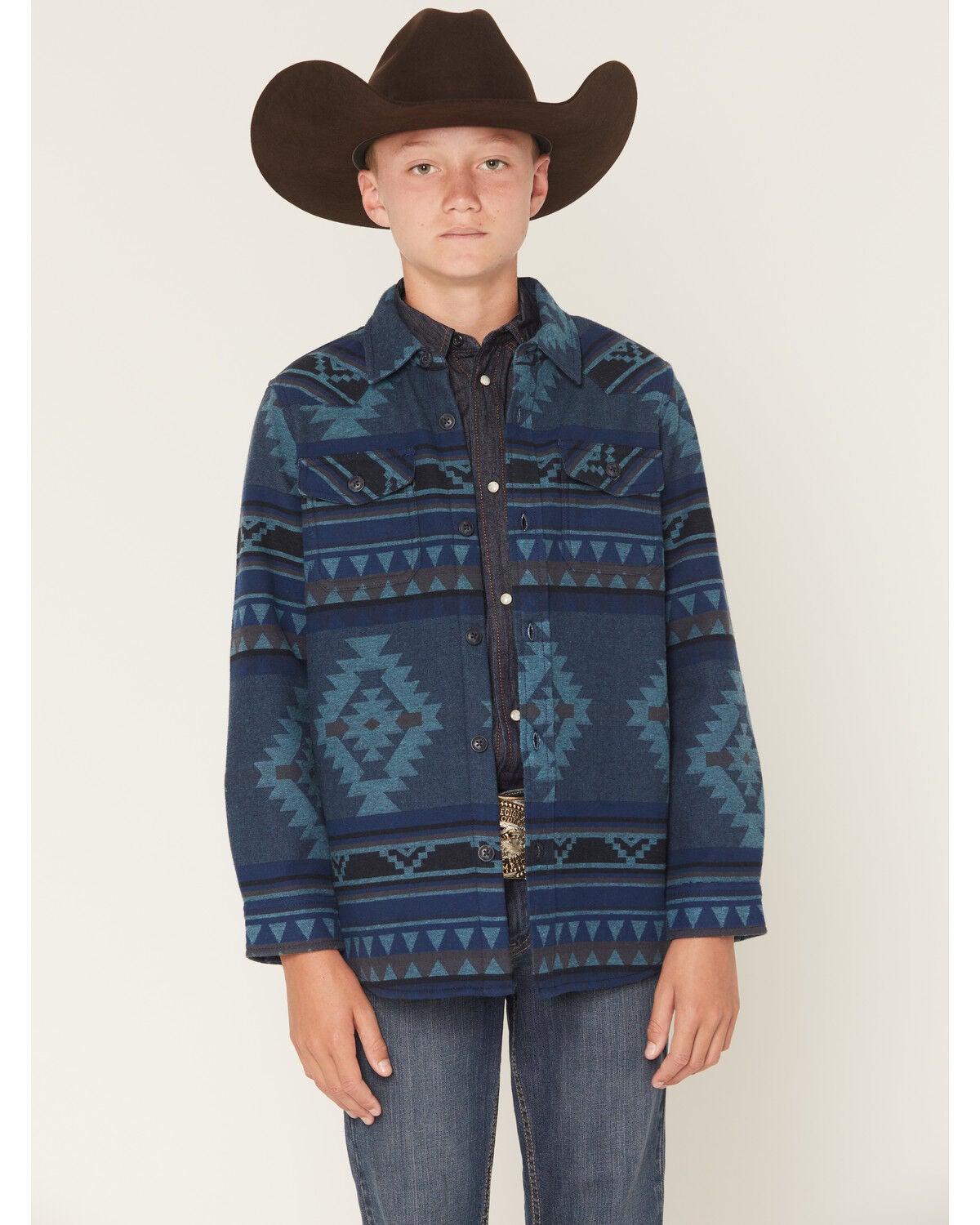 Cody James Boys' Rosewell Southwestern Print Button-Down Flannel Shirt Jacket, Blue, hi-res