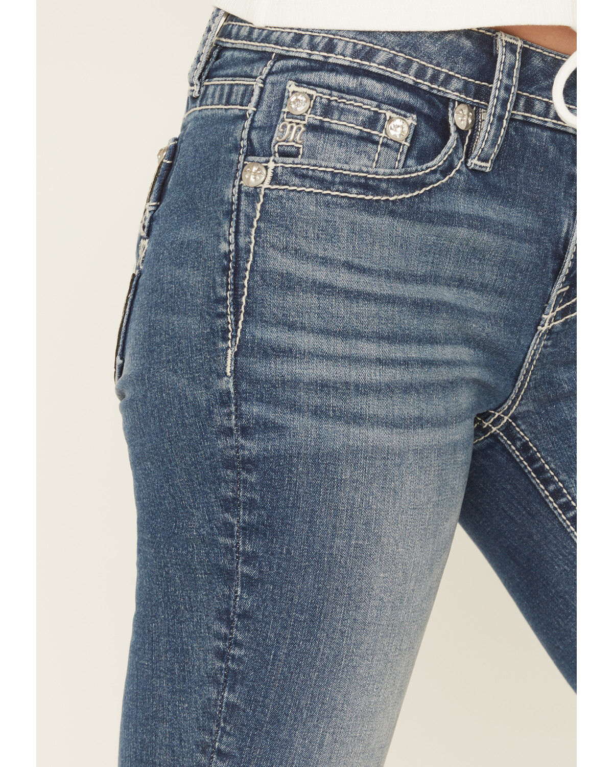 Image #4 - Miss Me Women's Dark Wash Mid Rise Pleather Border Flap Pocket Bootcut Stretch Denim Jeans, Dark Wash, hi-res