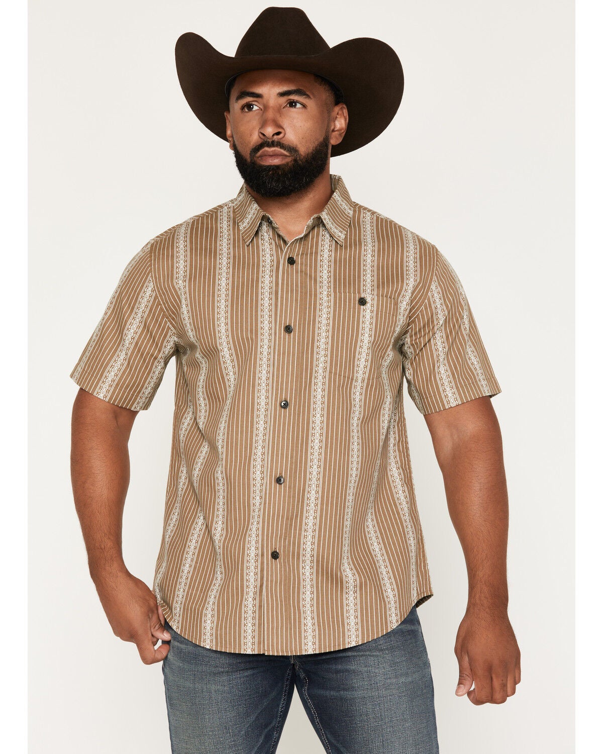 Seager Men's Caldera Striped Print Short Sleeve Button-Down Western Shirt, Khaki, hi-res
