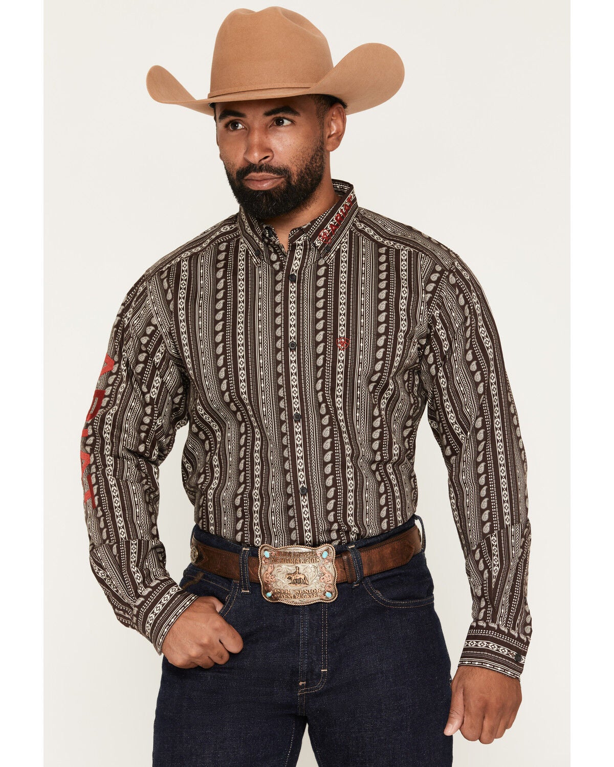 Image #1 - Ariat Men's Team Ean Southwestern Striped Print Long Sleeve Button-Down Western Shirt, Chocolate, hi-res
