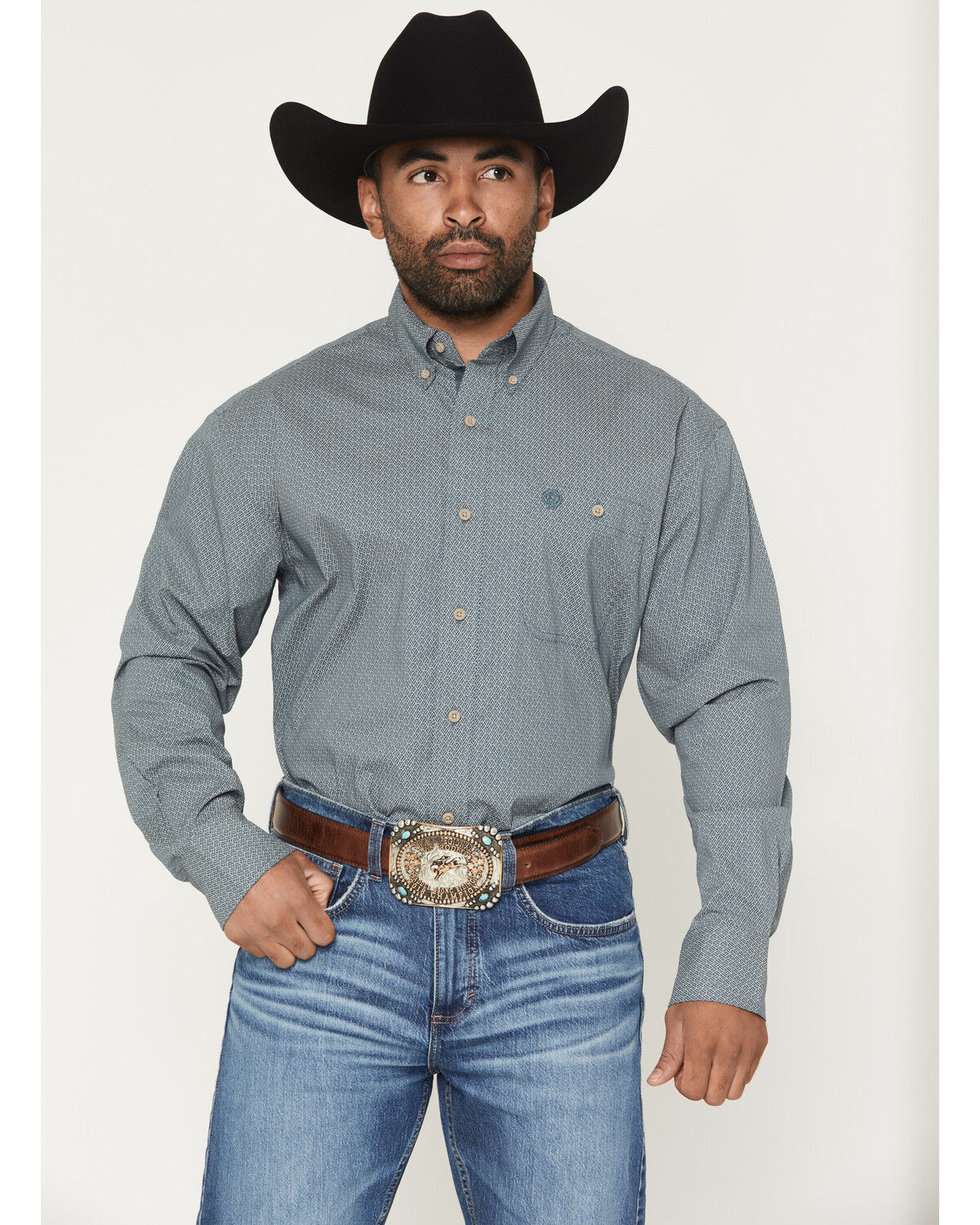 Image #1 - George Strait by Wrangler Men's Geo Print Long Sleeve Button-Down Stretch Western Shirt, Dark Teal, hi-res