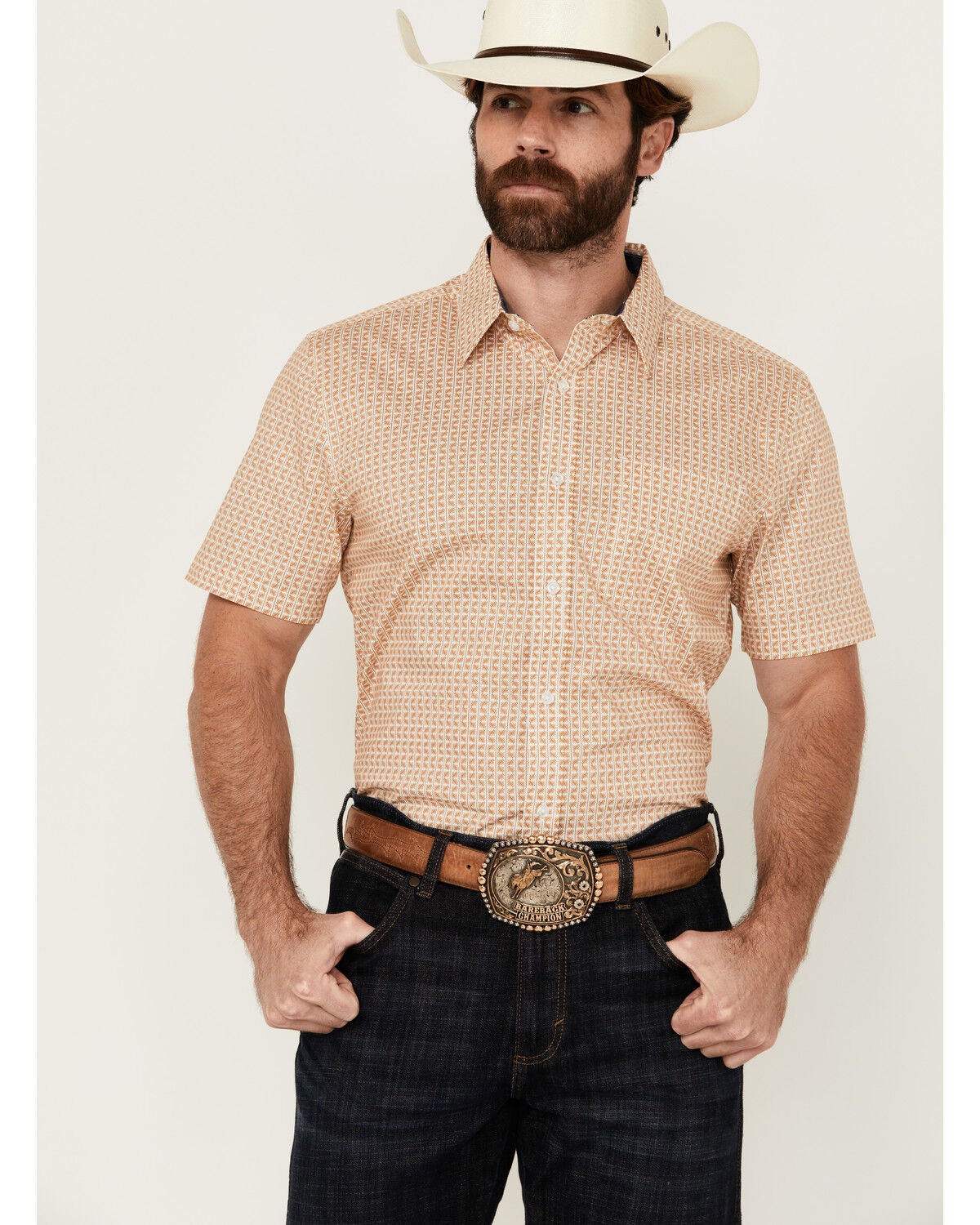 Cody James Men's Gold Coast Geo Print Short Sleeve Button-Down Stretch Western Shirt, Gold, hi-res