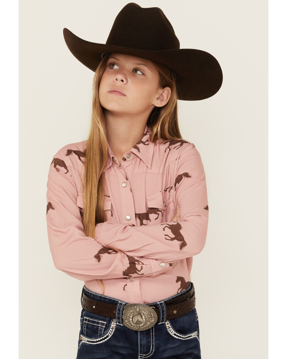 Image #1 - Roper Girls' Running Horse Print Long Sleeve Snap Western Shirt, Pink, hi-res