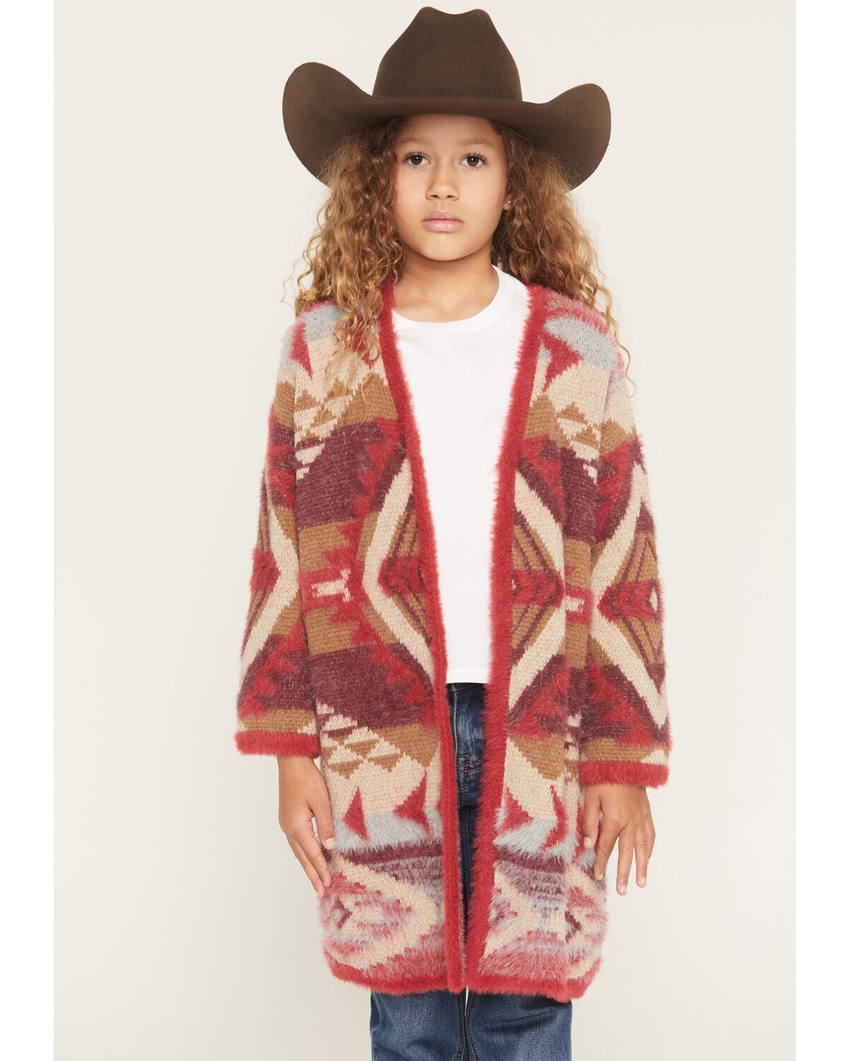 Shyanne Girls' Southwestern Print Eyelash Yarn Cardigan, Red, hi-res