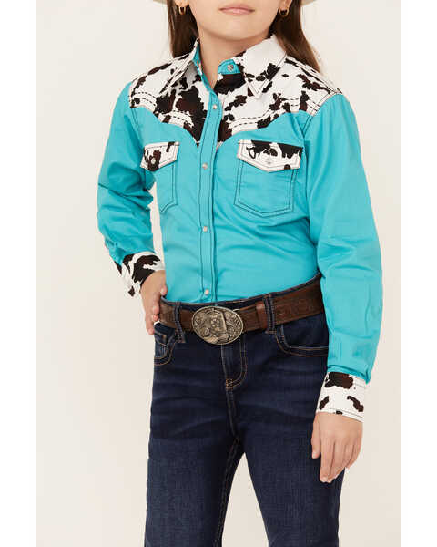 Image #3 - Cowgirl Hardware Girls' Cow Print Yoke Long Sleeve Snap Western Shirt , Turquoise, hi-res