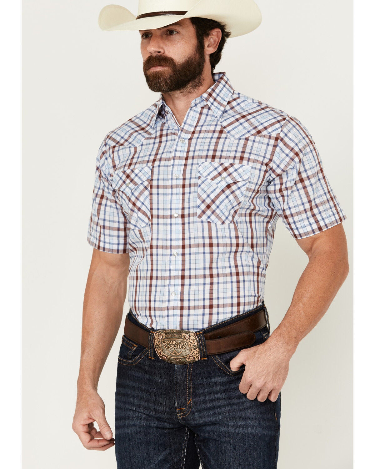 Ely Walker Men's Plaid Print Short Sleeve Pearl Snap Western Shirt, White, hi-res