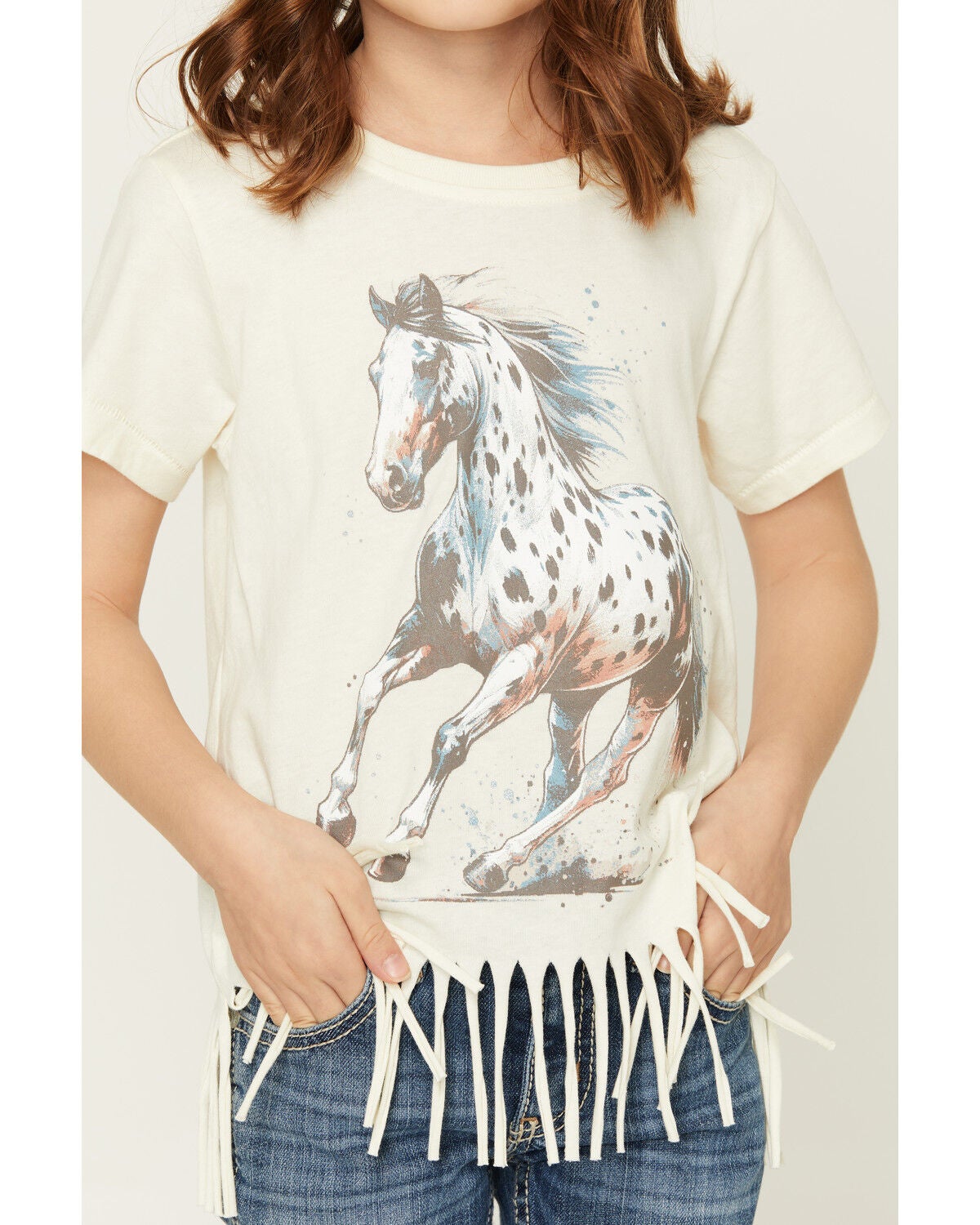 Image #3 - Shyanne Girls' Maisie Spotted Horse Fringe Short Sleeve Graphic Tee, Cream, hi-res