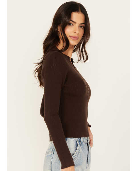 Image #2 - Cleo + Wolf Women's Ribbed Henley Sweater , Chocolate, hi-res