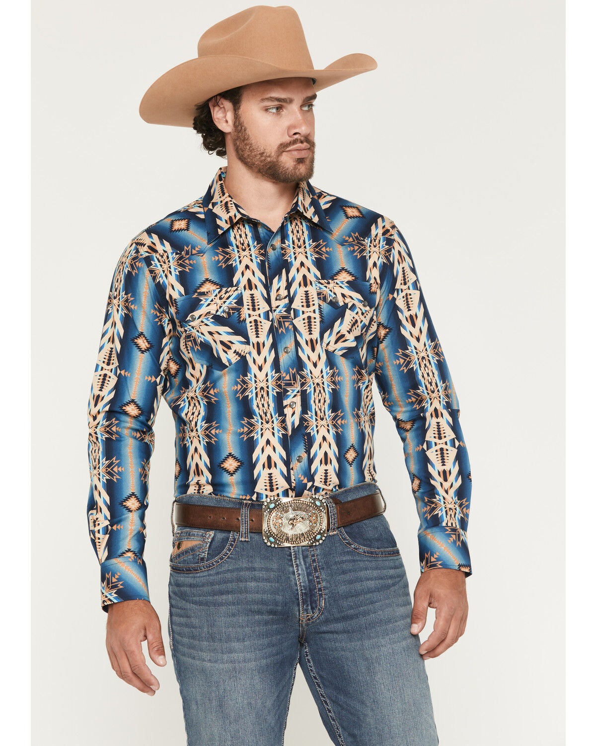 Rock & Roll Denim Men's Southwestern Print Long Sleeve Snap Stretch Western Shirt, Blue, hi-res