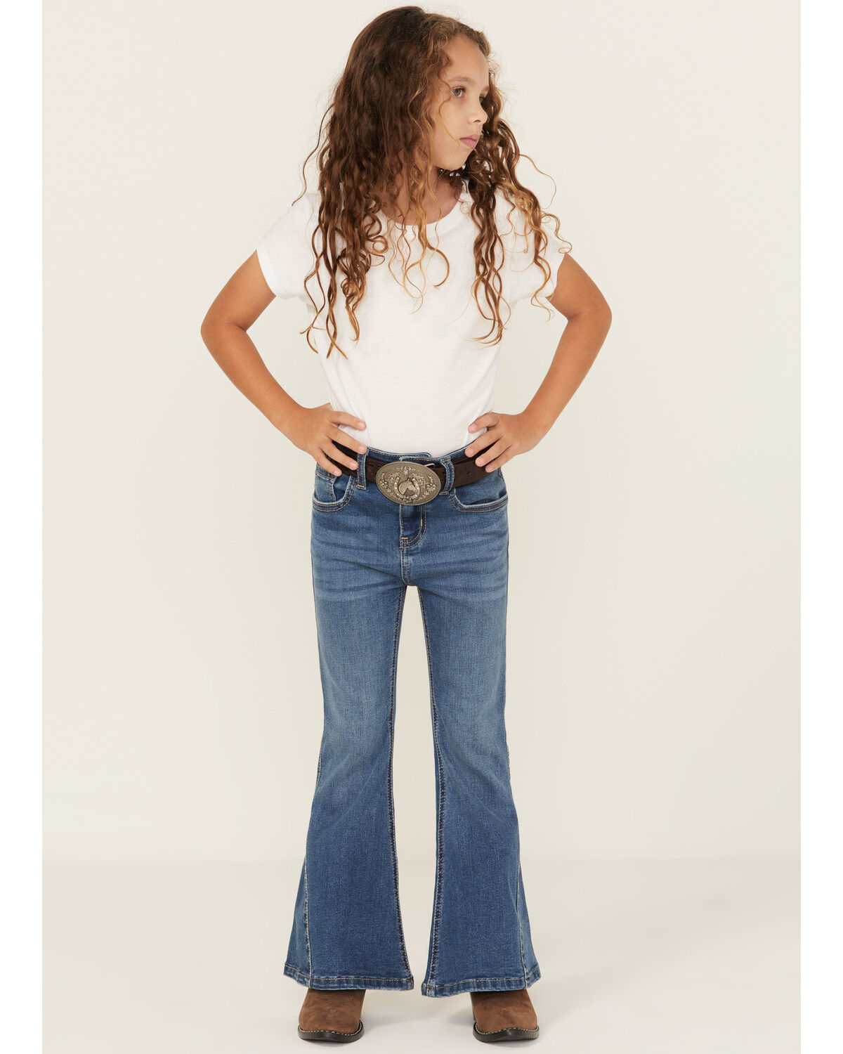 Image #1 - Shyanne Little Girls' Cimarron Twisted Side Seam Flare Stretch Denim Jeans, Medium Wash, hi-res