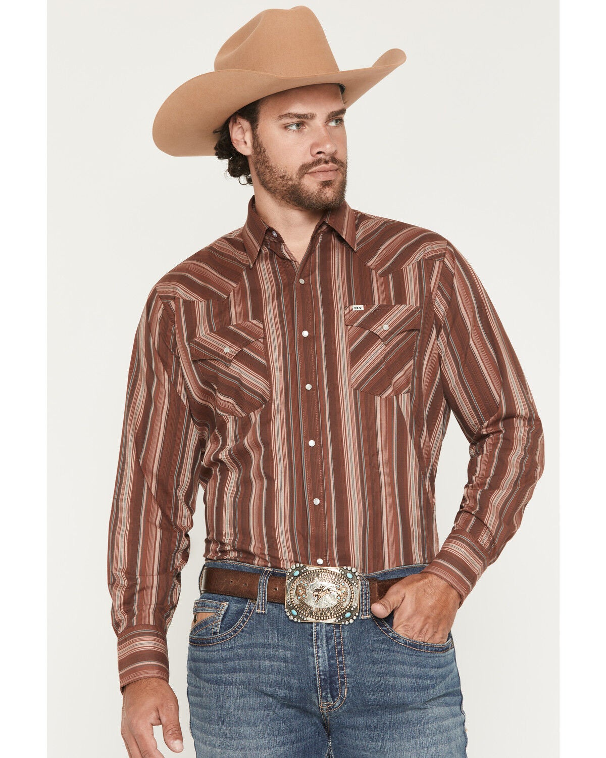 Ely Walker Men's Stripe Print Long Sleeve Snap Western Shirt, Burgundy, hi-res